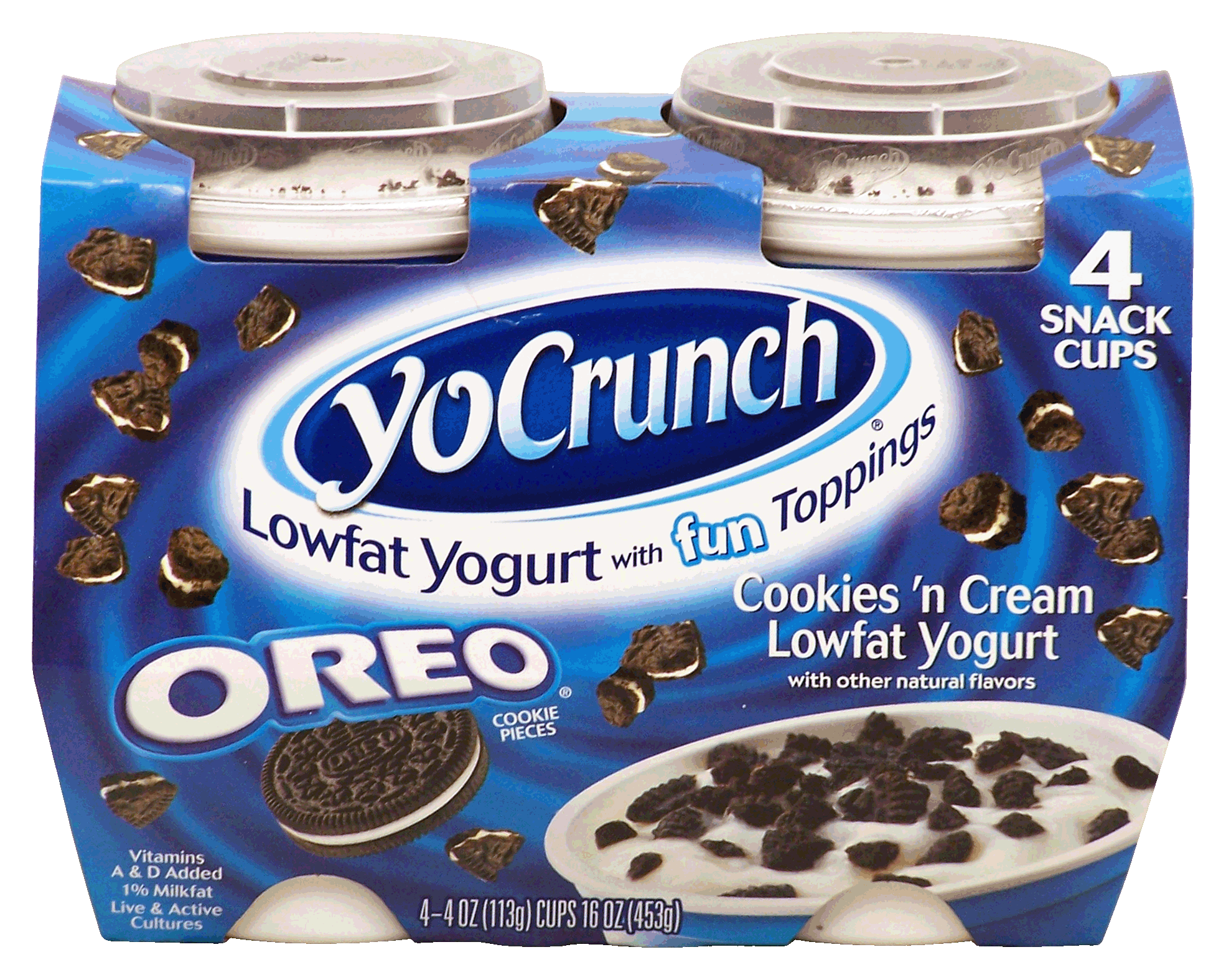 Yo Crunch Oreo cookies 'n cream lowfat yogurt, oreo cookie pieces, 4- 4oz cups Full-Size Picture